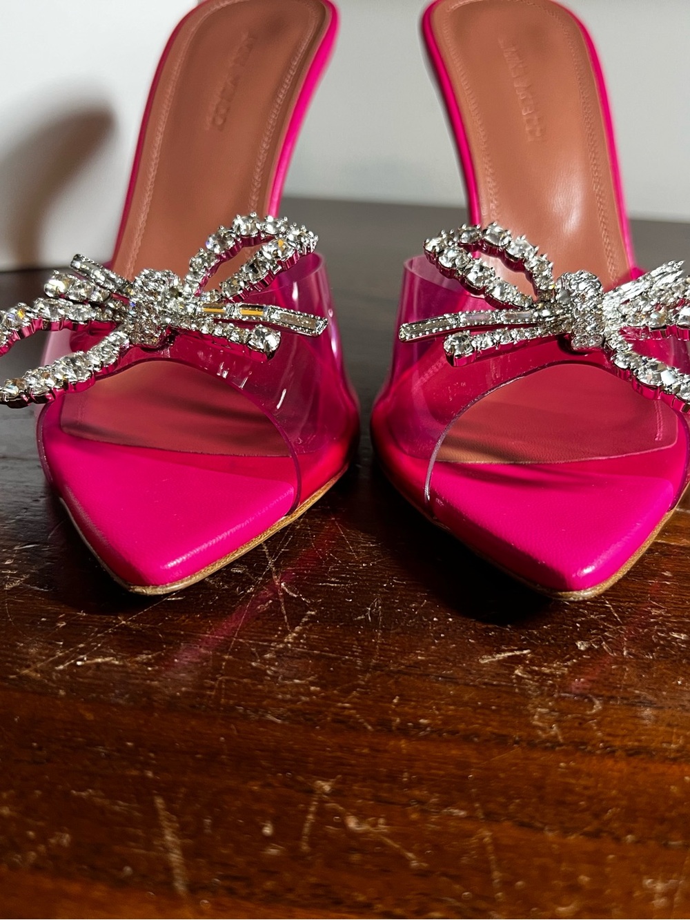 Amina Muaddi Hot Pink Crystal Bow PVC Mules - Picture 7 of 10